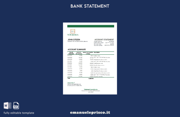 Modello Excel di estratto conto bancario VUB Slovacchia stile verificato